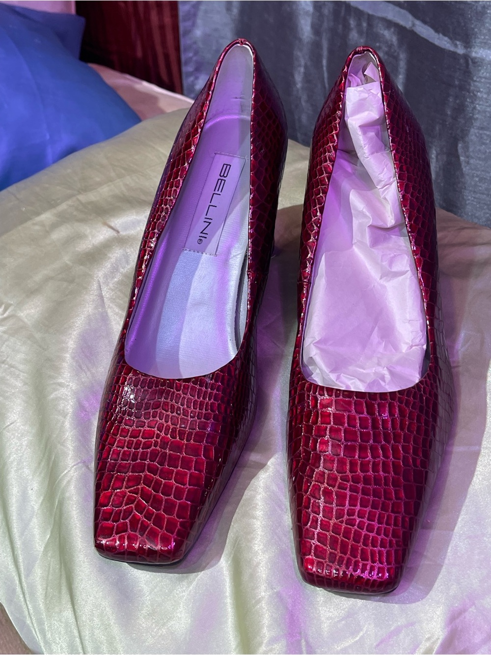 Bellini Women's Burgundy Patent Leather Croc-Embossed Square-Toe Pumps